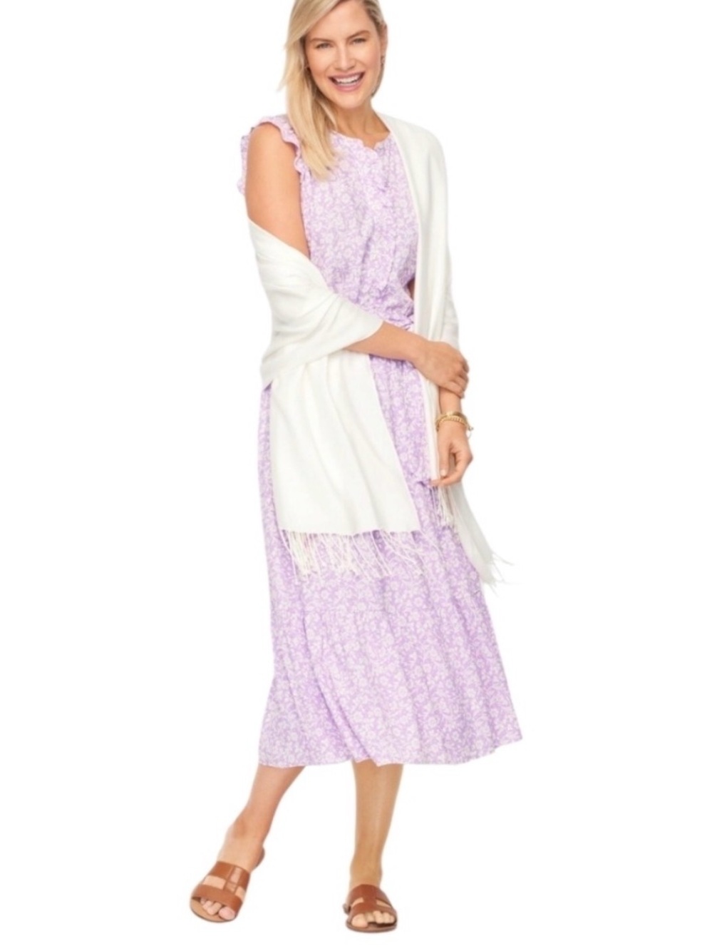 Cottagecore Talbots Lavender Floral Ruffle-Trim Sleeveless Midi Dress